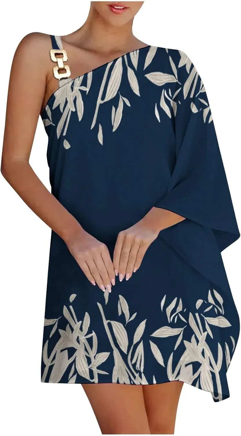 PETYCZEN One Shoulder Dresses for Women Summer Floral Print Batwing Sleeve Ruched Dress Sexy Side Split Club Cocktail Dresses