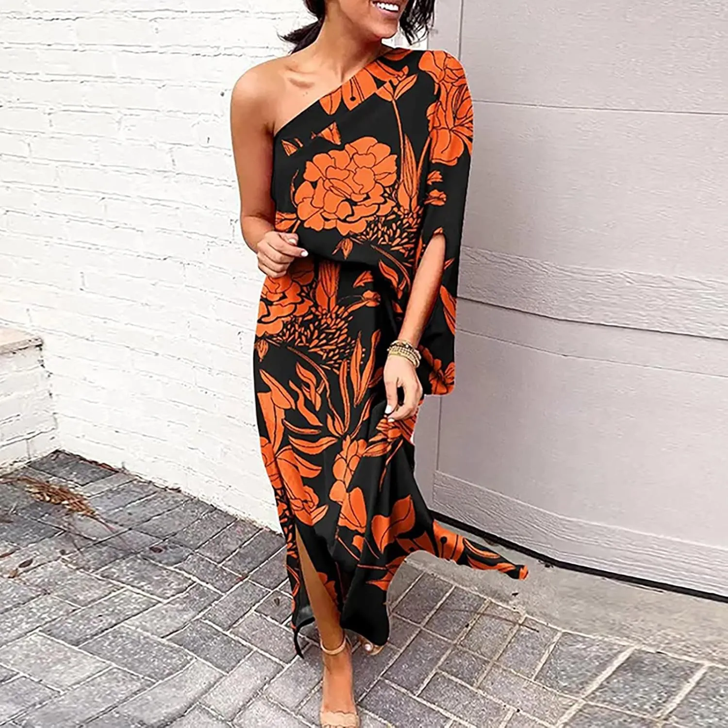 PETYCZEN One Shoulder Dresses for Women Summer Floral Print Batwing Sleeve Ruched Dress Sexy Side Split Club Cocktail Dresses