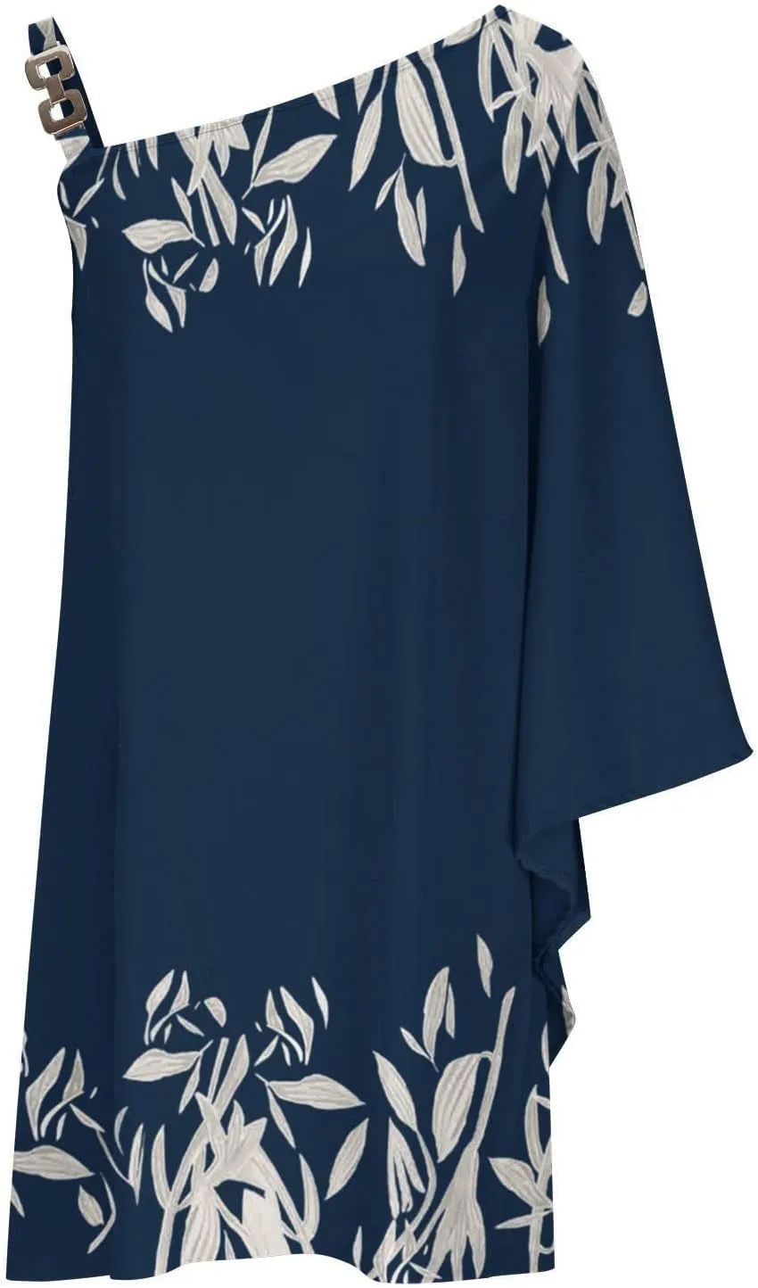 PETYCZEN One Shoulder Dresses for Women Summer Floral Print Batwing Sleeve Ruched Dress Sexy Side Split Club Cocktail Dresses