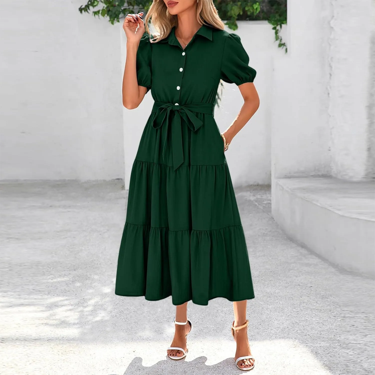 PETYCZEN Summer Dresses for Women 2025 Casual Tiered Dress Short Sleeve Button Down Belted Maxi Dress A Line Flowy Sundresses