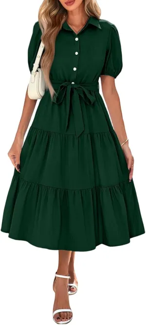 PETYCZEN Summer Dresses for Women 2025 Casual Tiered Dress Short Sleeve Button Down Belted Maxi Dress A Line Flowy Sundresses