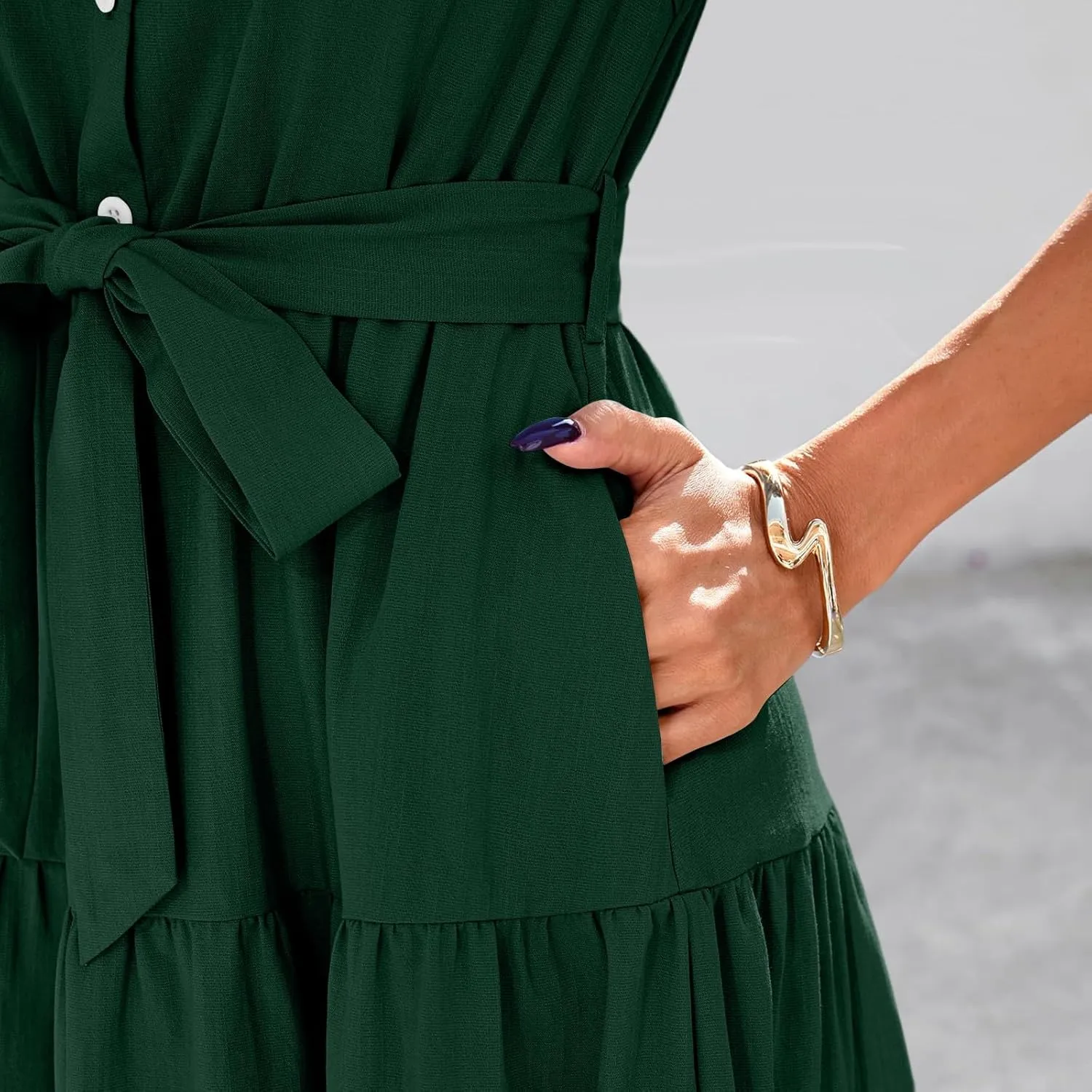 PETYCZEN Summer Dresses for Women 2025 Casual Tiered Dress Short Sleeve Button Down Belted Maxi Dress A Line Flowy Sundresses