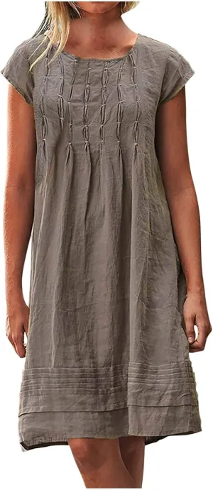 Pleated Cotton Linen Dresses for Women 2024 Knee Length Dress Plus Size Short Sleeve Shift Sundress Casual Beachwear