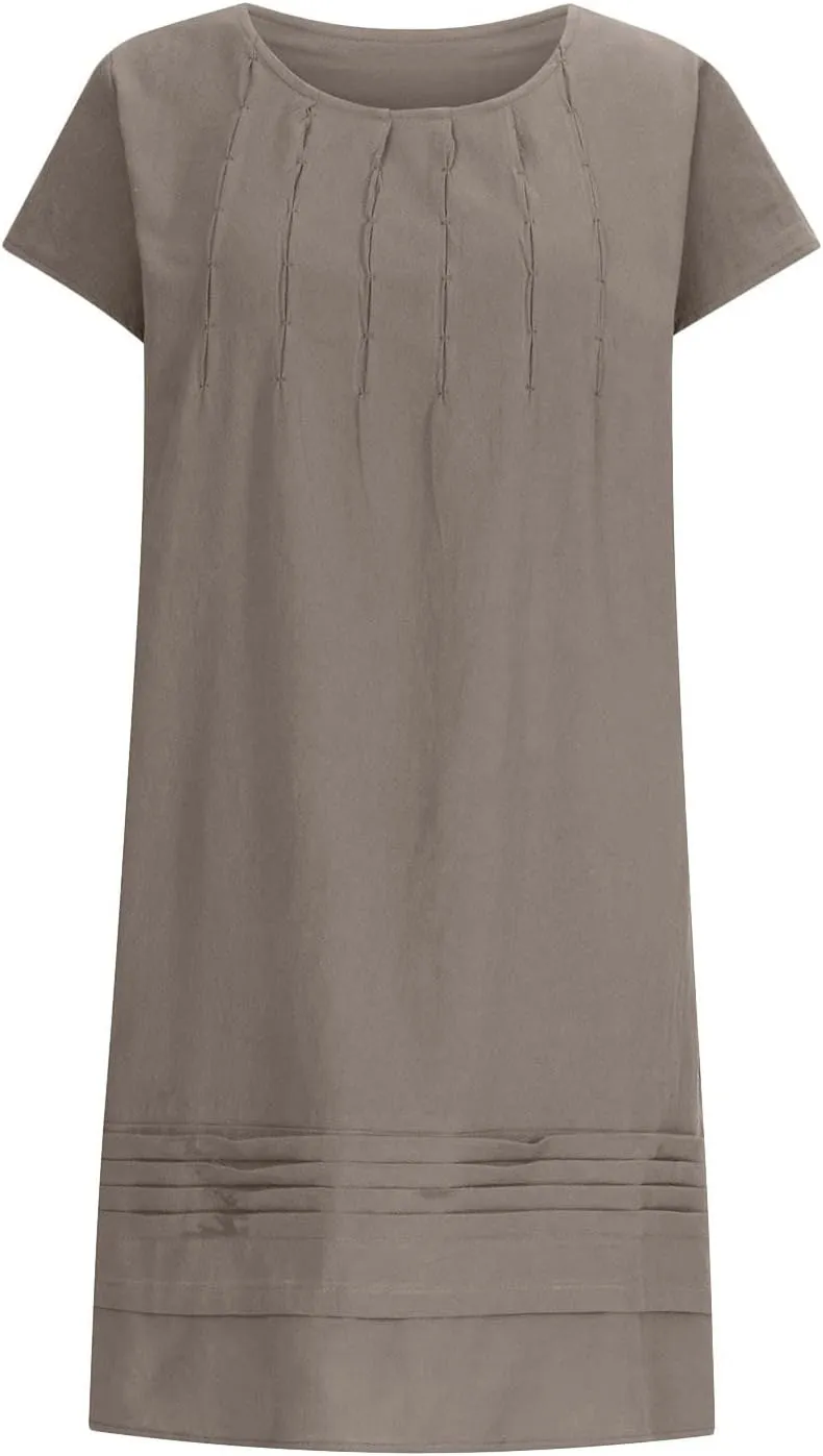 Pleated Cotton Linen Dresses for Women 2024 Knee Length Dress Plus Size Short Sleeve Shift Sundress Casual Beachwear