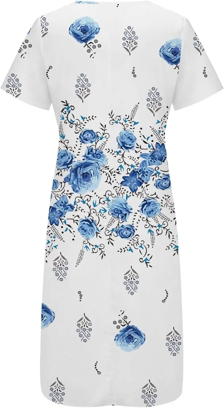 Pleated Loose Swing Midi for Women Flral Print Knee Length Plus Size Dress Crewneck Short Sleeve Wedding Guest Dress