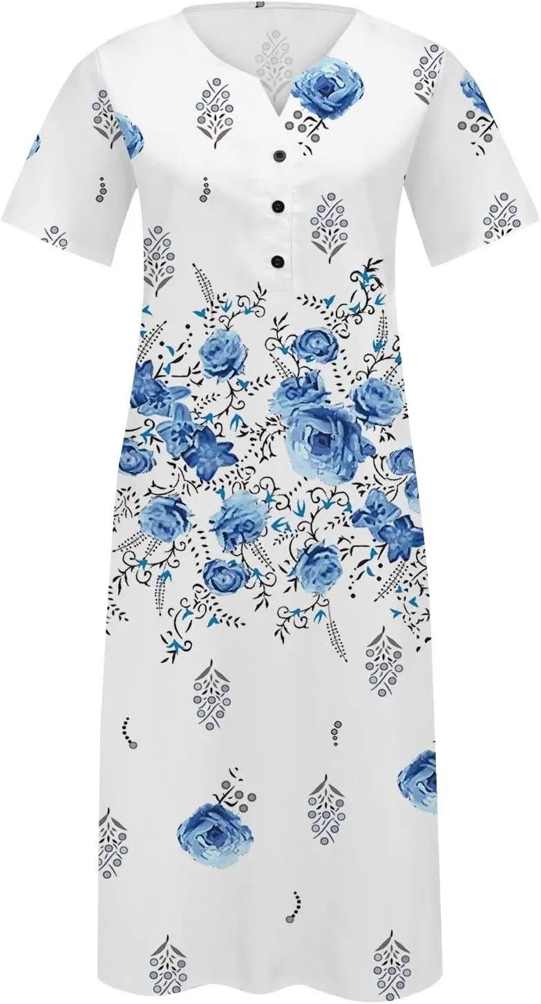 Pleated Loose Swing Midi for Women Flral Print Knee Length Plus Size Dress Crewneck Short Sleeve Wedding Guest Dress