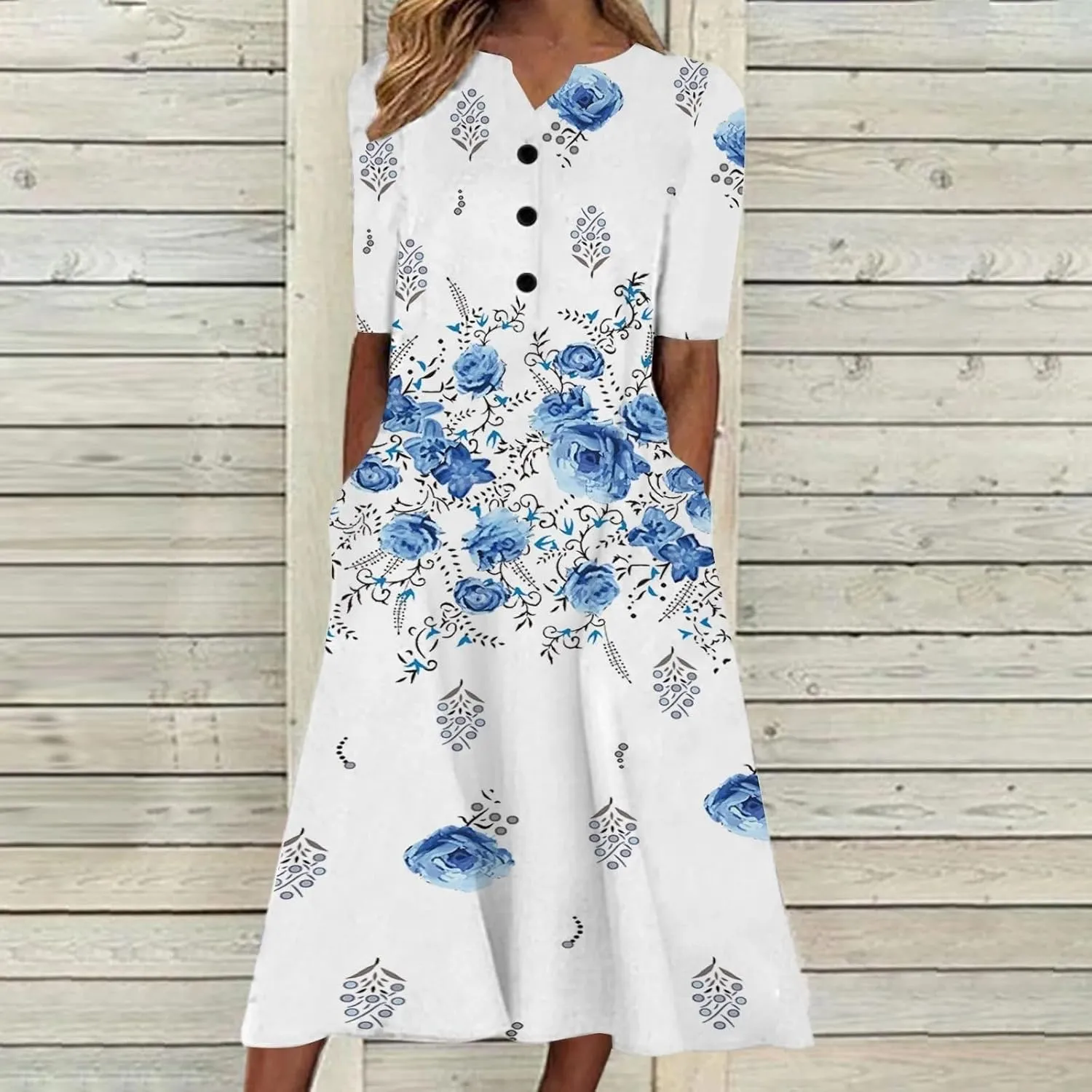 Pleated Loose Swing Midi for Women Flral Print Knee Length Plus Size Dress Crewneck Short Sleeve Wedding Guest Dress