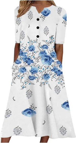 Pleated Loose Swing Midi for Women Flral Print Knee Length Plus Size Dress Crewneck Short Sleeve Wedding Guest Dress