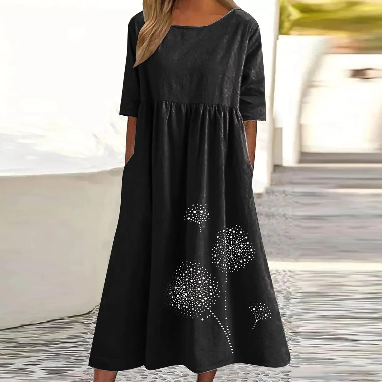 Plus Size Cotton Linen Dresses for Women Casual Summer Short Sleeve Crewneck Shirt Dress Loose Flowy Long Dress