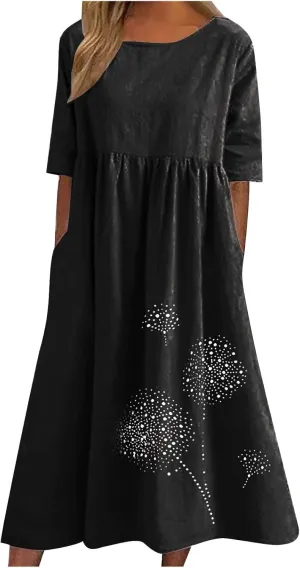 Plus Size Cotton Linen Dresses for Women Casual Summer Short Sleeve Crewneck Shirt Dress Loose Flowy Long Dress