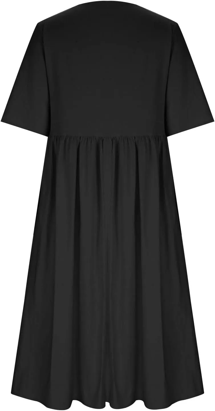 Plus Size Cotton Linen Dresses for Women Casual Summer Short Sleeve Crewneck Shirt Dress Loose Flowy Long Dress