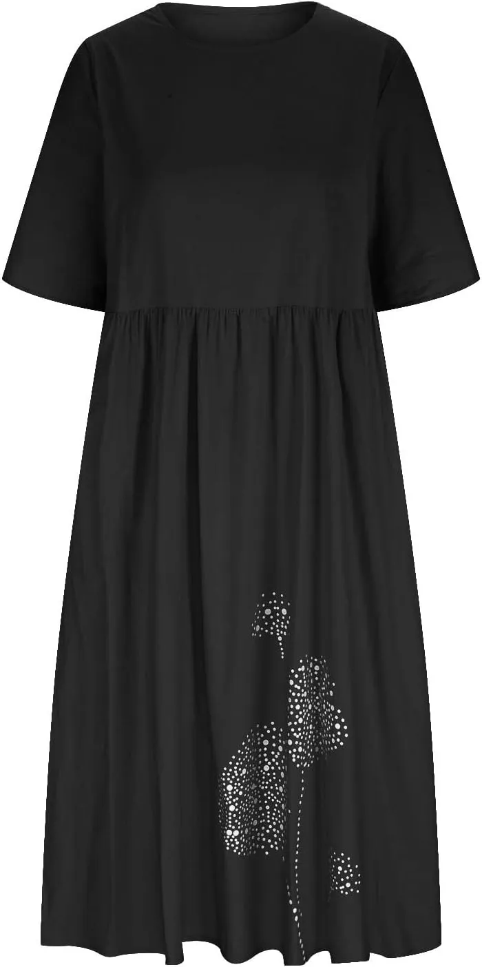 Plus Size Cotton Linen Dresses for Women Casual Summer Short Sleeve Crewneck Shirt Dress Loose Flowy Long Dress