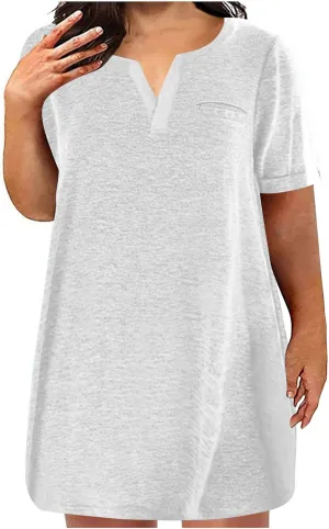 Plus Size Dress for Women 2025 Summer Casual Solid Color Tshirt Dress Loose Fashion Short Sleeve V Neck Dresses