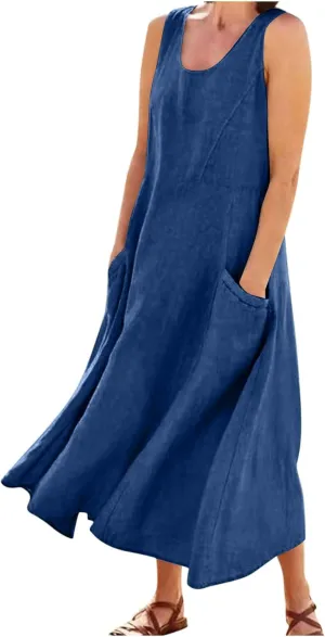 Plus Size Dresses for Curvy Women 2025 Flowy Round Neck Sleeveless Sundress Solid A Line Beach Midi Dress with Pocket