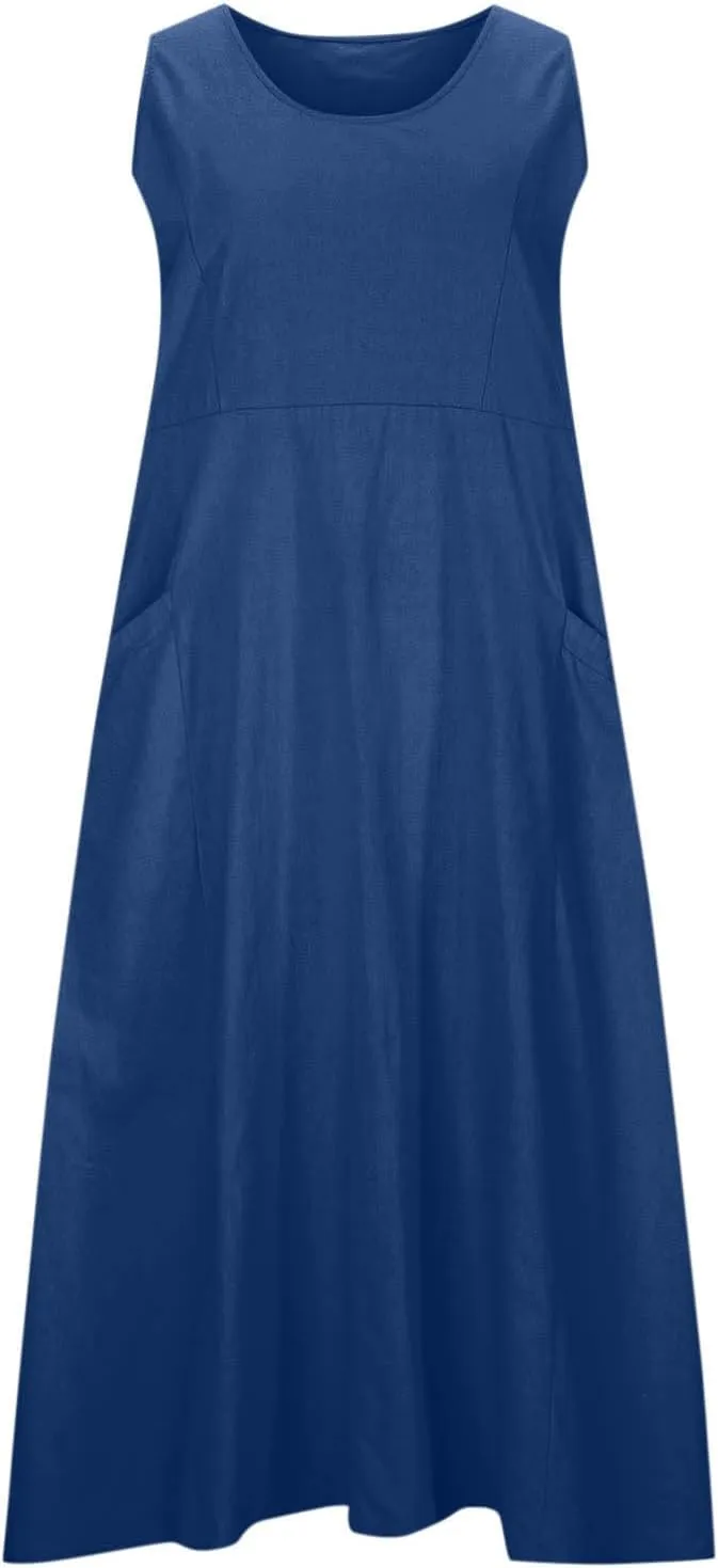 Plus Size Dresses for Curvy Women 2025 Flowy Round Neck Sleeveless Sundress Solid A Line Beach Midi Dress with Pocket