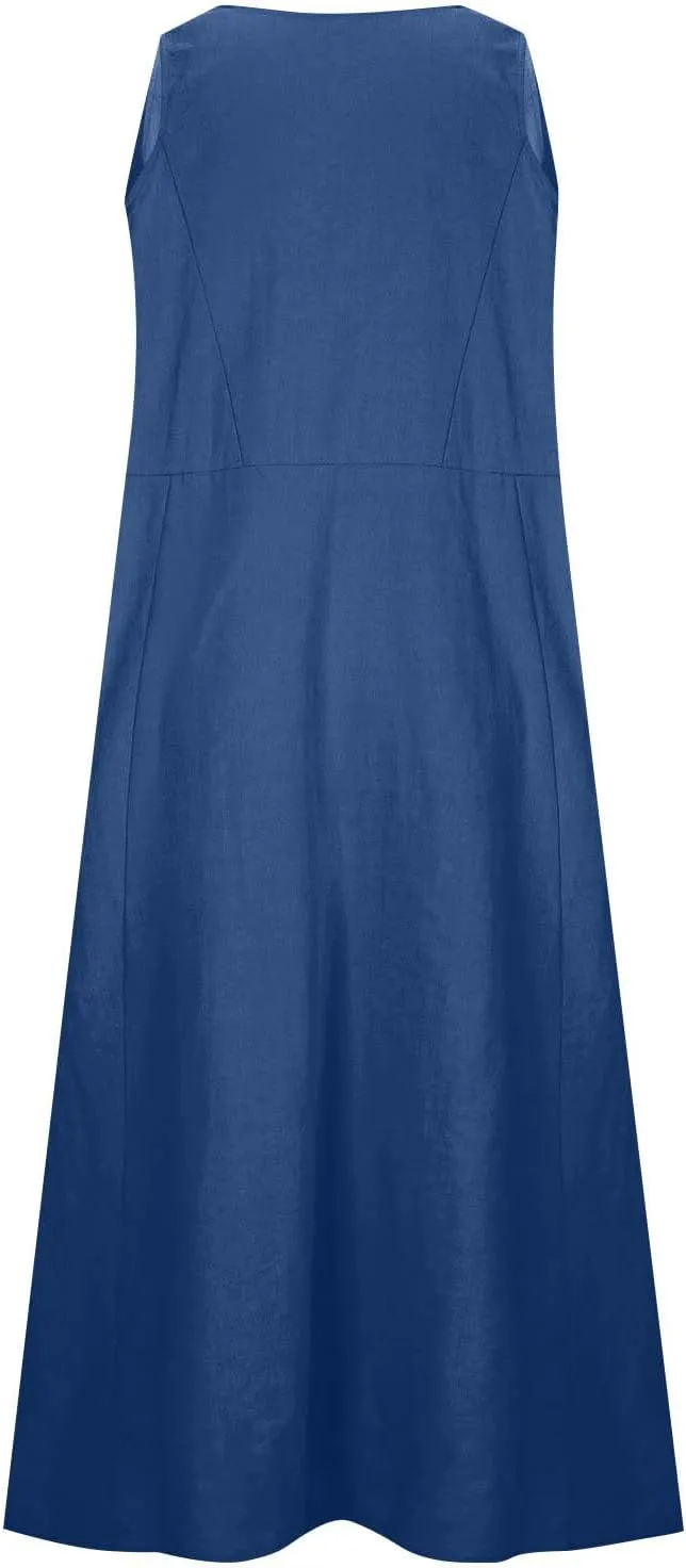 Plus Size Dresses for Curvy Women 2025 Flowy Round Neck Sleeveless Sundress Solid A Line Beach Midi Dress with Pocket