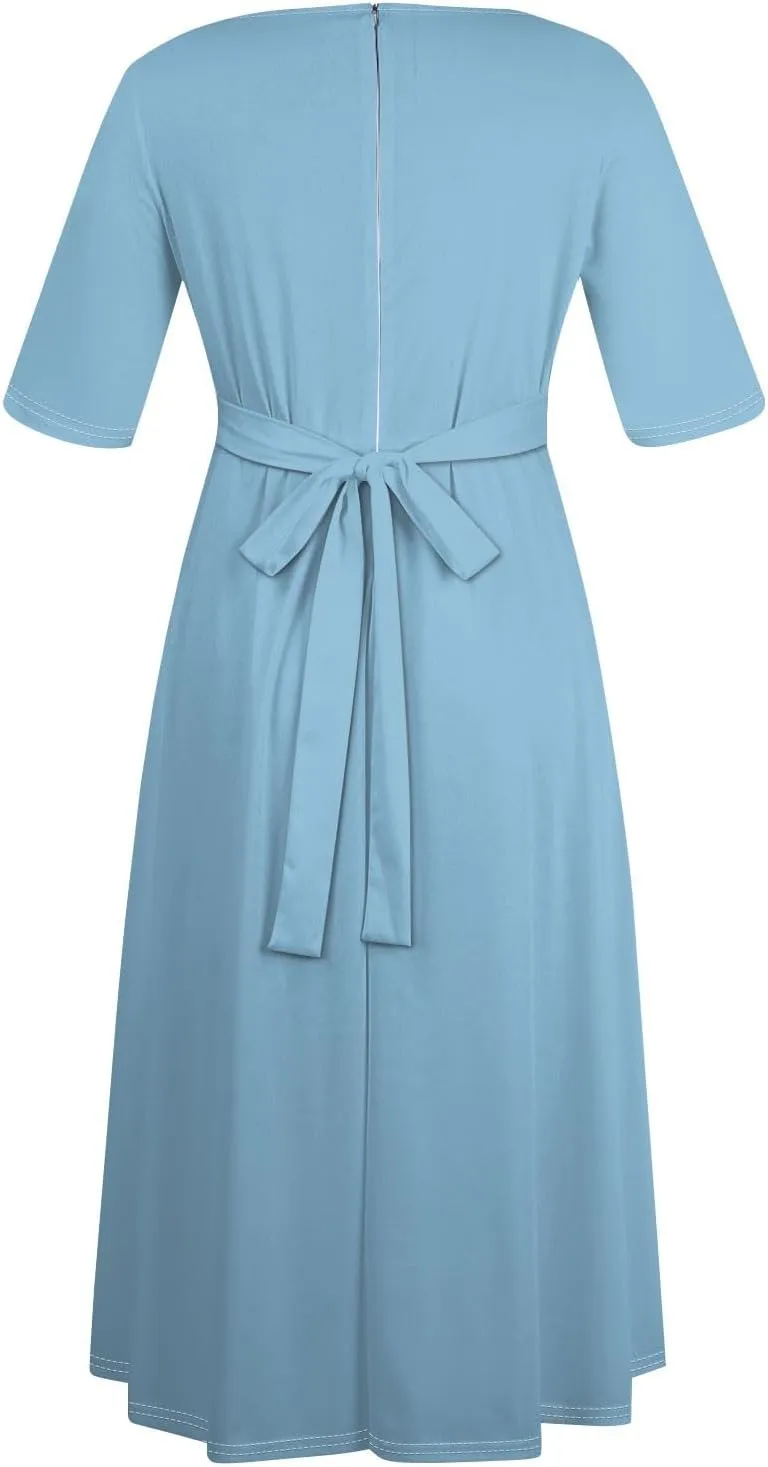 Plus Size Dresses for Curvy Women Solid Crew Neck 3/4 Sleeve Straps Big Hem Maxi Smocked Dresses