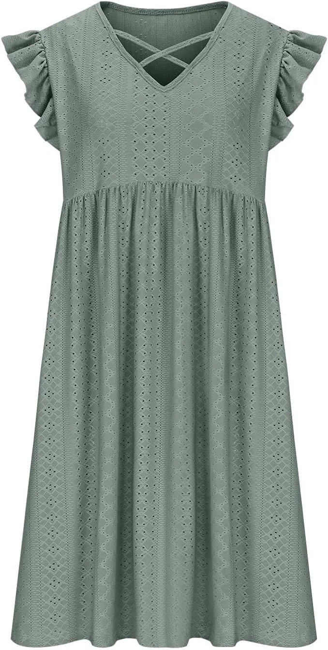Plus Size Dresses for Women Summer Ruffle Cap Sleeve Cross V Neck Embroidered Eyelet Pleated A Line Knee Length Dress