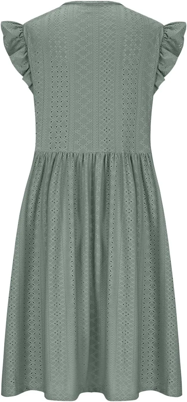 Plus Size Dresses for Women Summer Ruffle Cap Sleeve Cross V Neck Embroidered Eyelet Pleated A Line Knee Length Dress