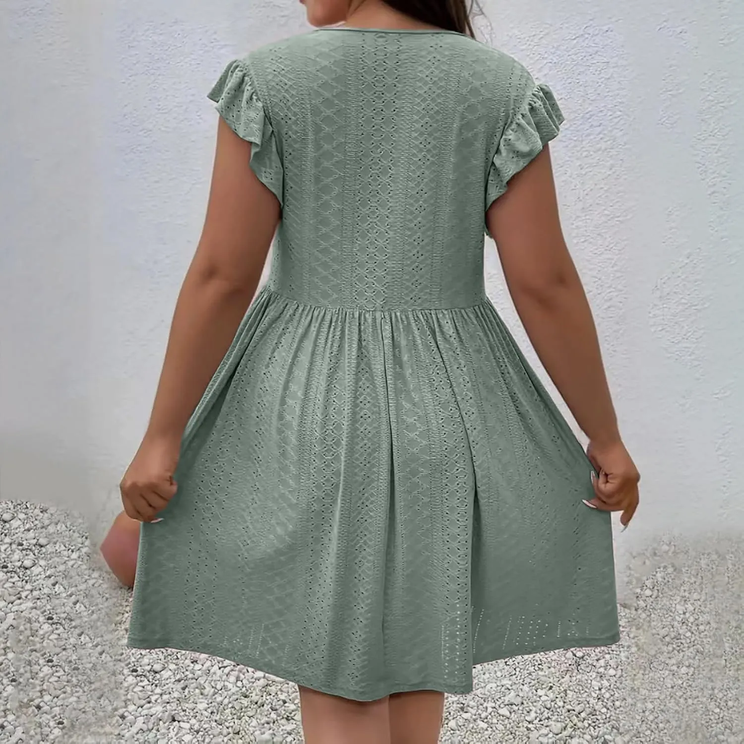 Plus Size Dresses for Women Summer Ruffle Cap Sleeve Cross V Neck Embroidered Eyelet Pleated A Line Knee Length Dress