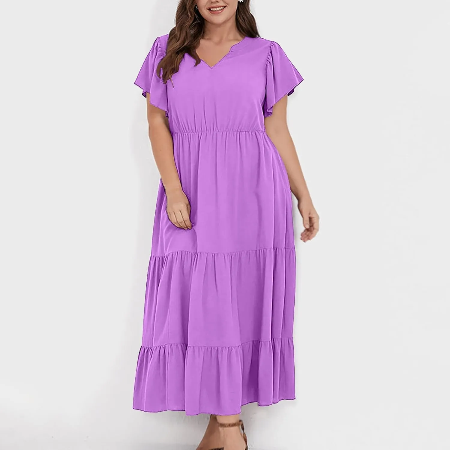Plus Size Dresses for Women Summer V Neck Ruffle Short Sleeve Maxi Dress Summer Tummy Control Pleated Hem Sundress