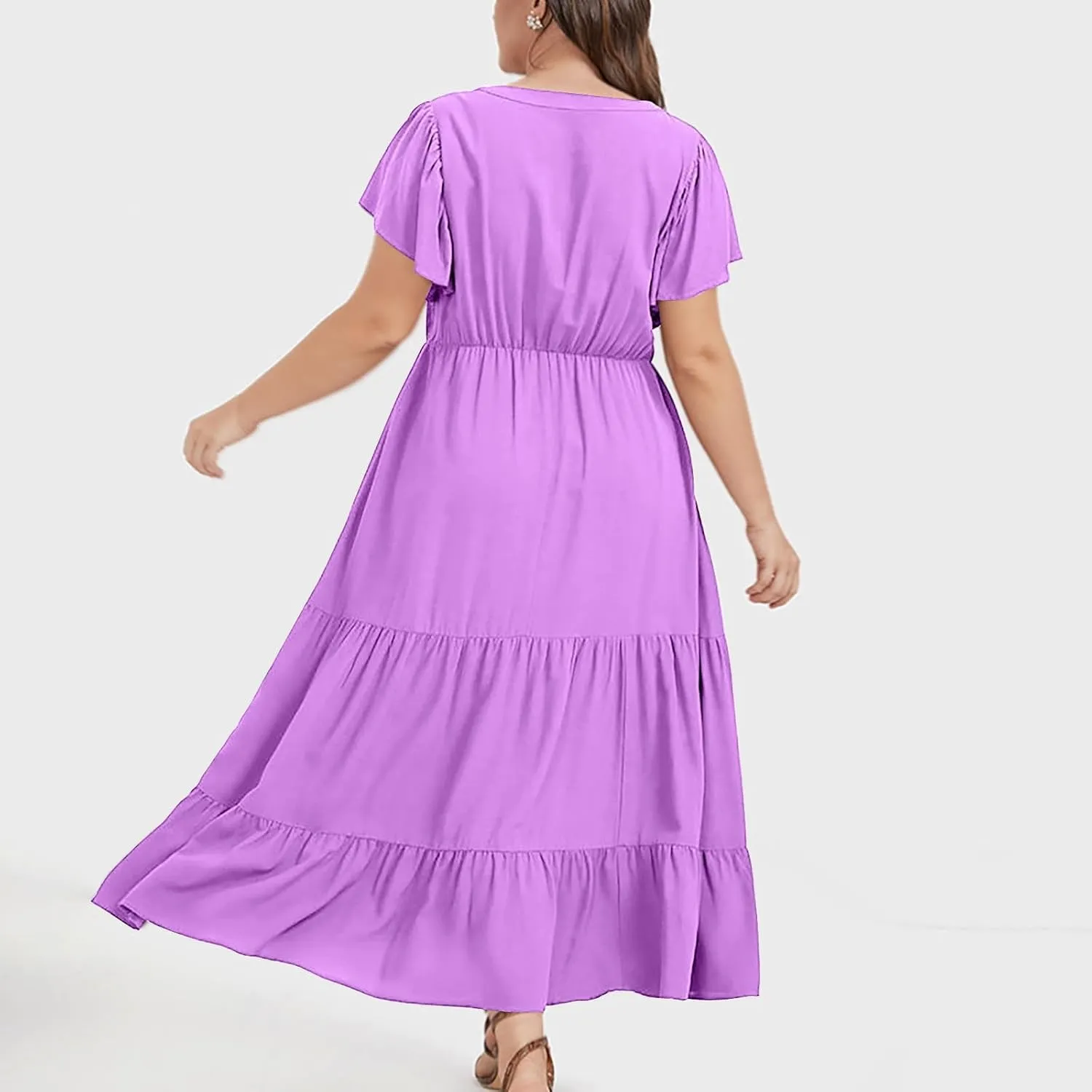 Plus Size Dresses for Women Summer V Neck Ruffle Short Sleeve Maxi Dress Summer Tummy Control Pleated Hem Sundress