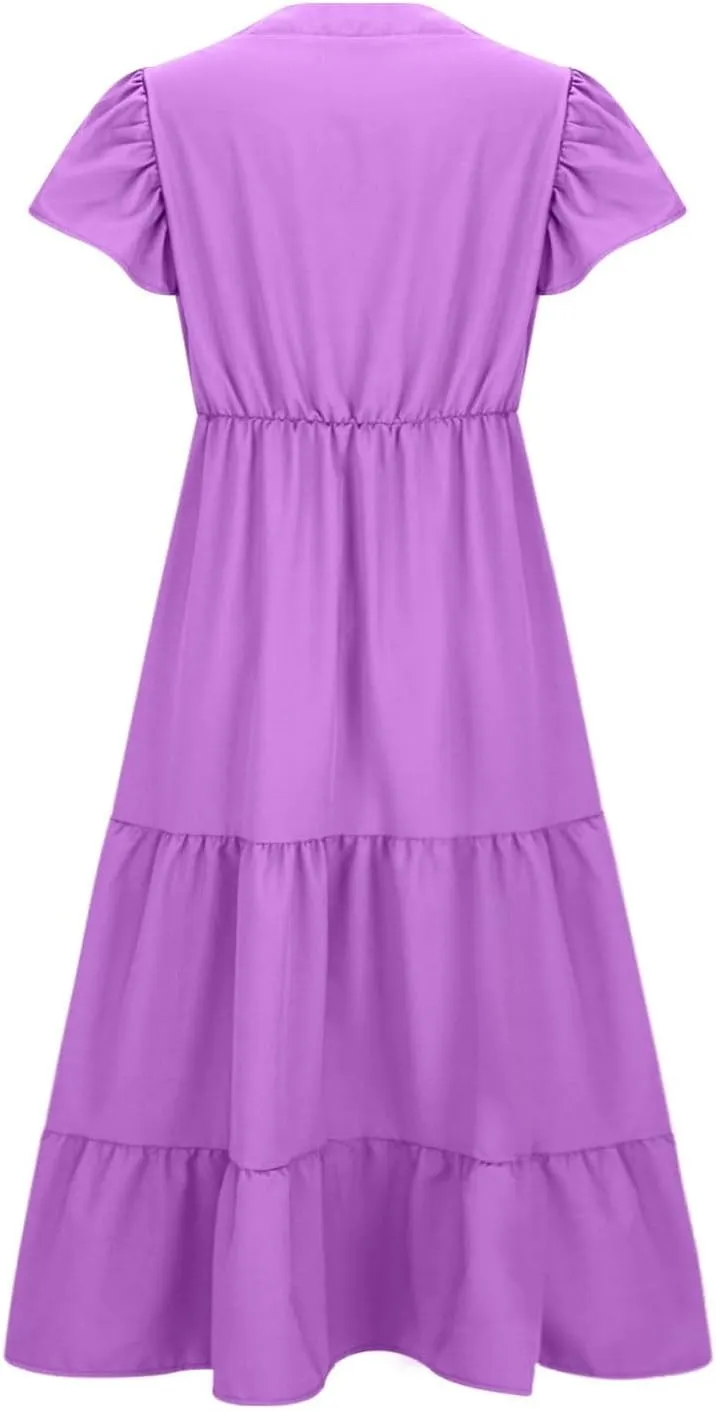 Plus Size Dresses for Women Summer V Neck Ruffle Short Sleeve Maxi Dress Summer Tummy Control Pleated Hem Sundress