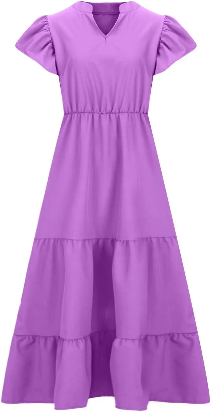 Plus Size Dresses for Women Summer V Neck Ruffle Short Sleeve Maxi Dress Summer Tummy Control Pleated Hem Sundress