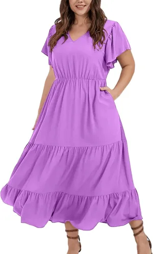 Plus Size Dresses for Women Summer V Neck Ruffle Short Sleeve Maxi Dress Summer Tummy Control Pleated Hem Sundress