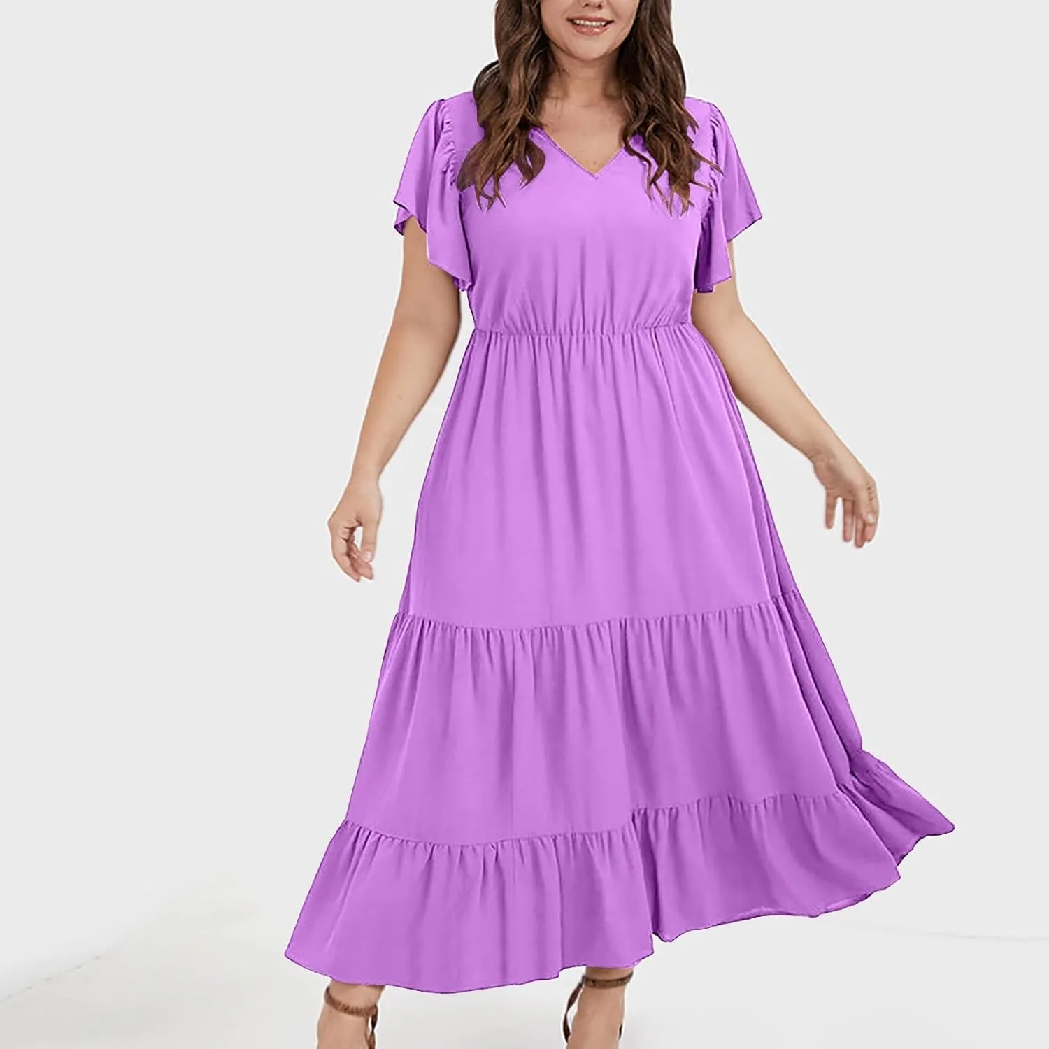 Plus Size Dresses for Women Summer V Neck Ruffle Short Sleeve Maxi Dress Summer Tummy Control Pleated Hem Sundress