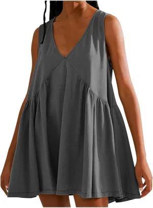 Plus Size Mini Dress for Women Sleeveless Sundress Casual Summer V Neck Dresses Loose Fit Trendy Tops