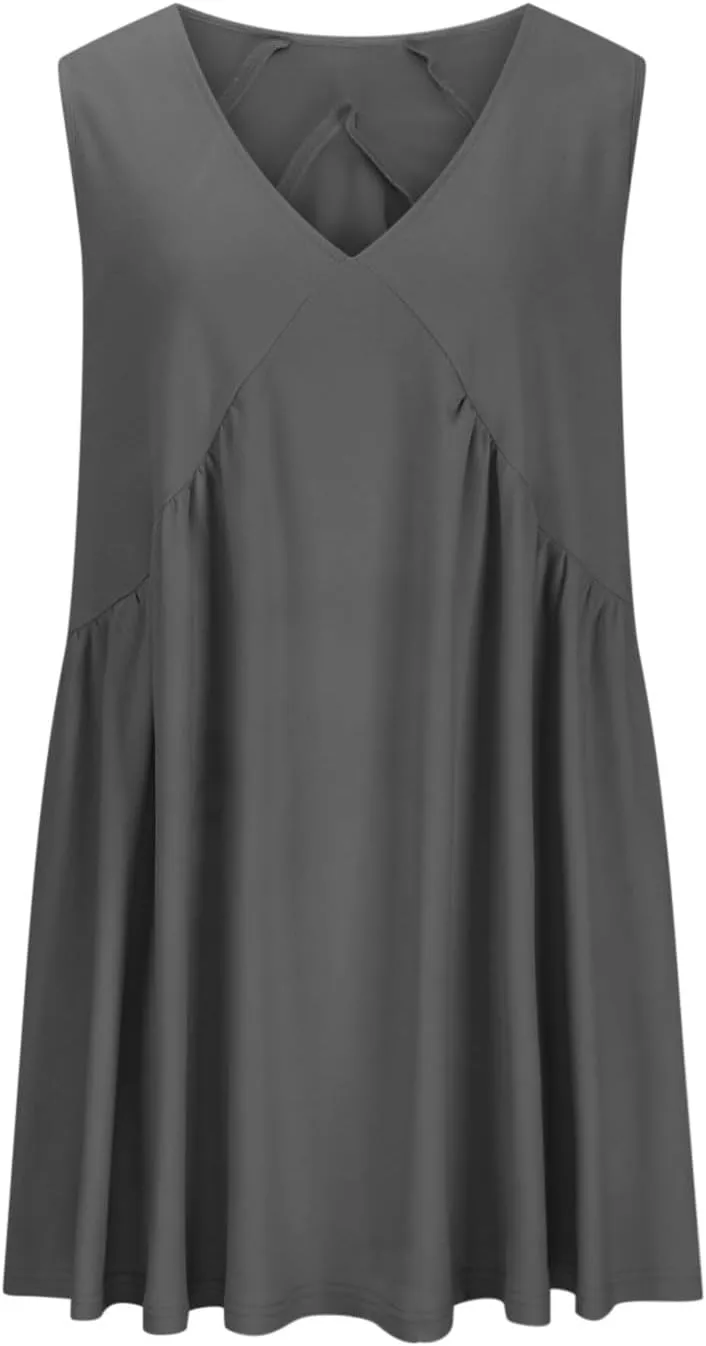 Plus Size Mini Dress for Women Sleeveless Sundress Casual Summer V Neck Dresses Loose Fit Trendy Tops