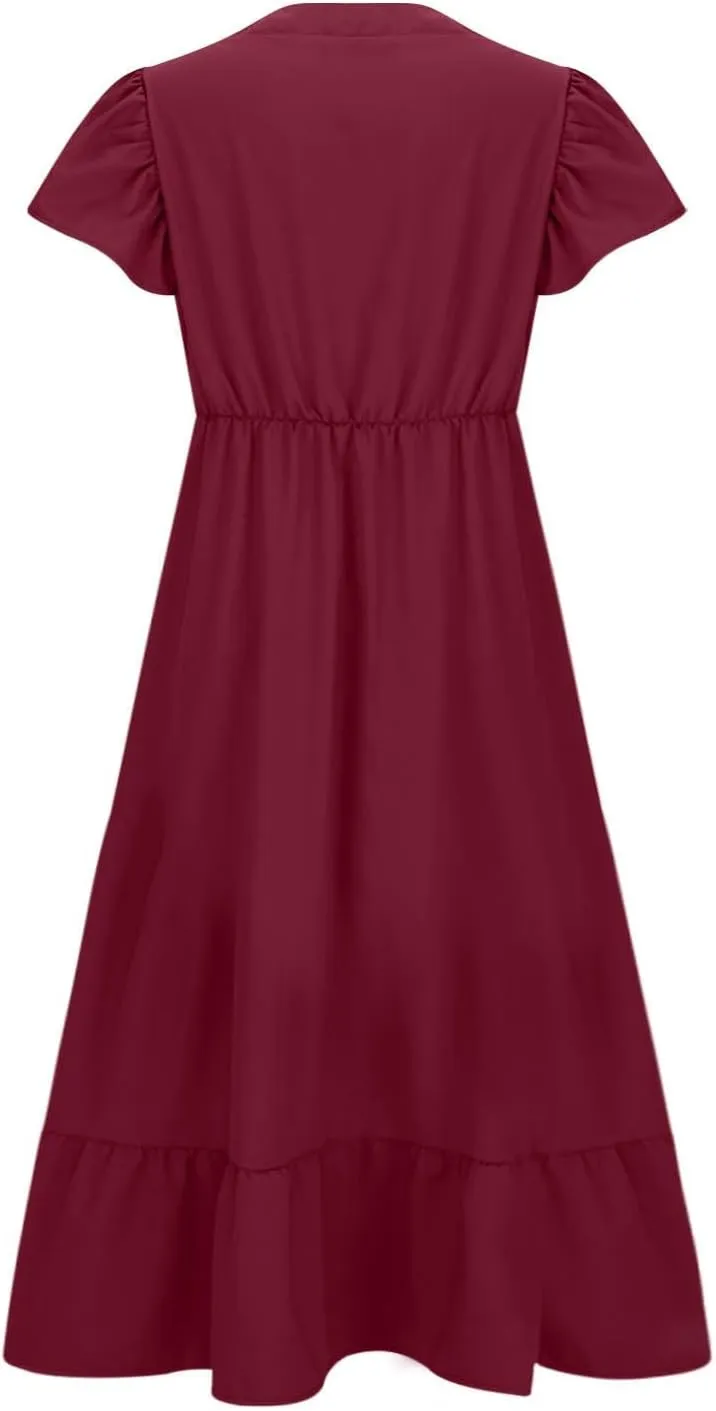 Plus Size Ruffle Dresses for Curvy Women Summer Beach Vacation Casual Short Sleeve V Neck Flowy Midi Dress with Pockets