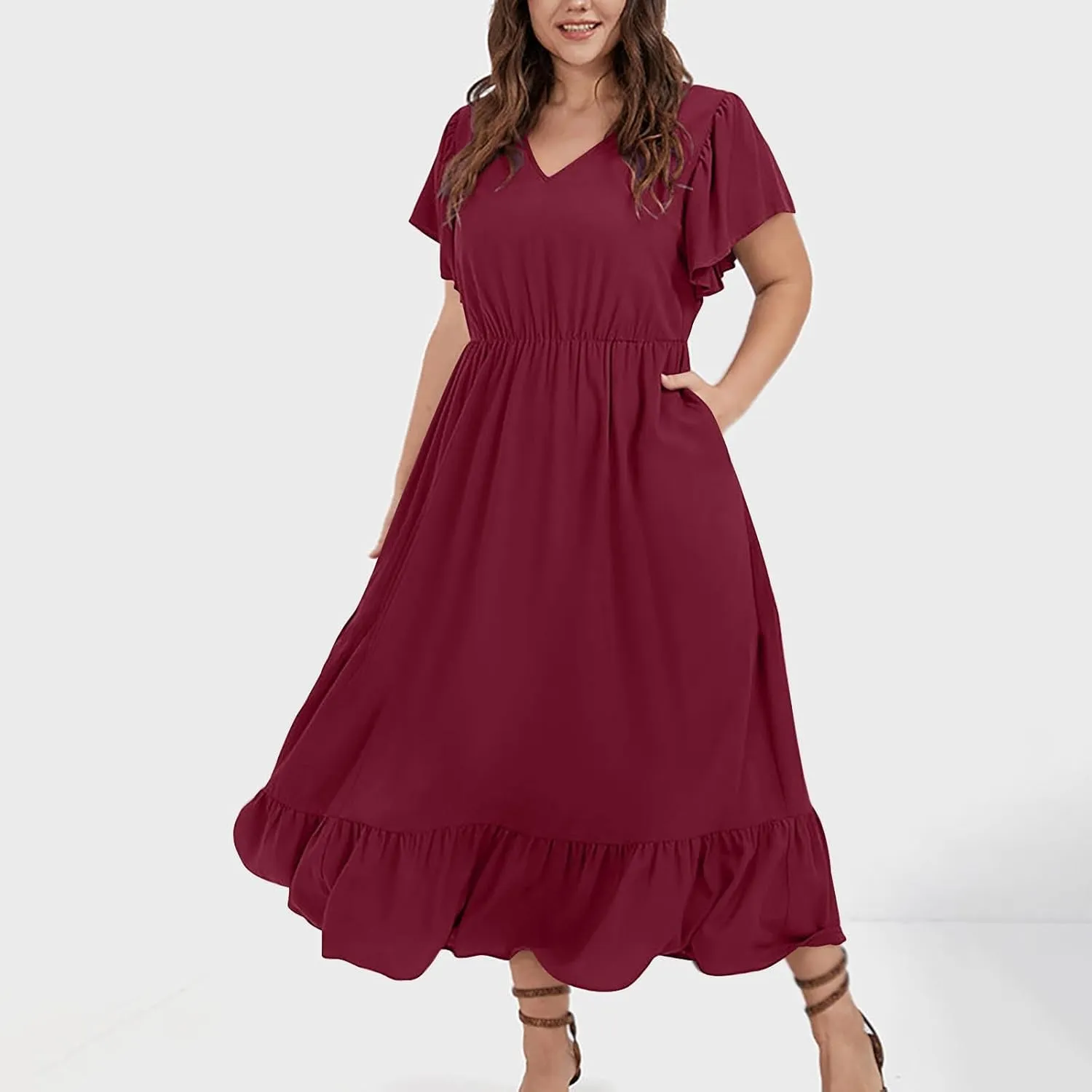Plus Size Ruffle Dresses for Curvy Women Summer Beach Vacation Casual Short Sleeve V Neck Flowy Midi Dress with Pockets
