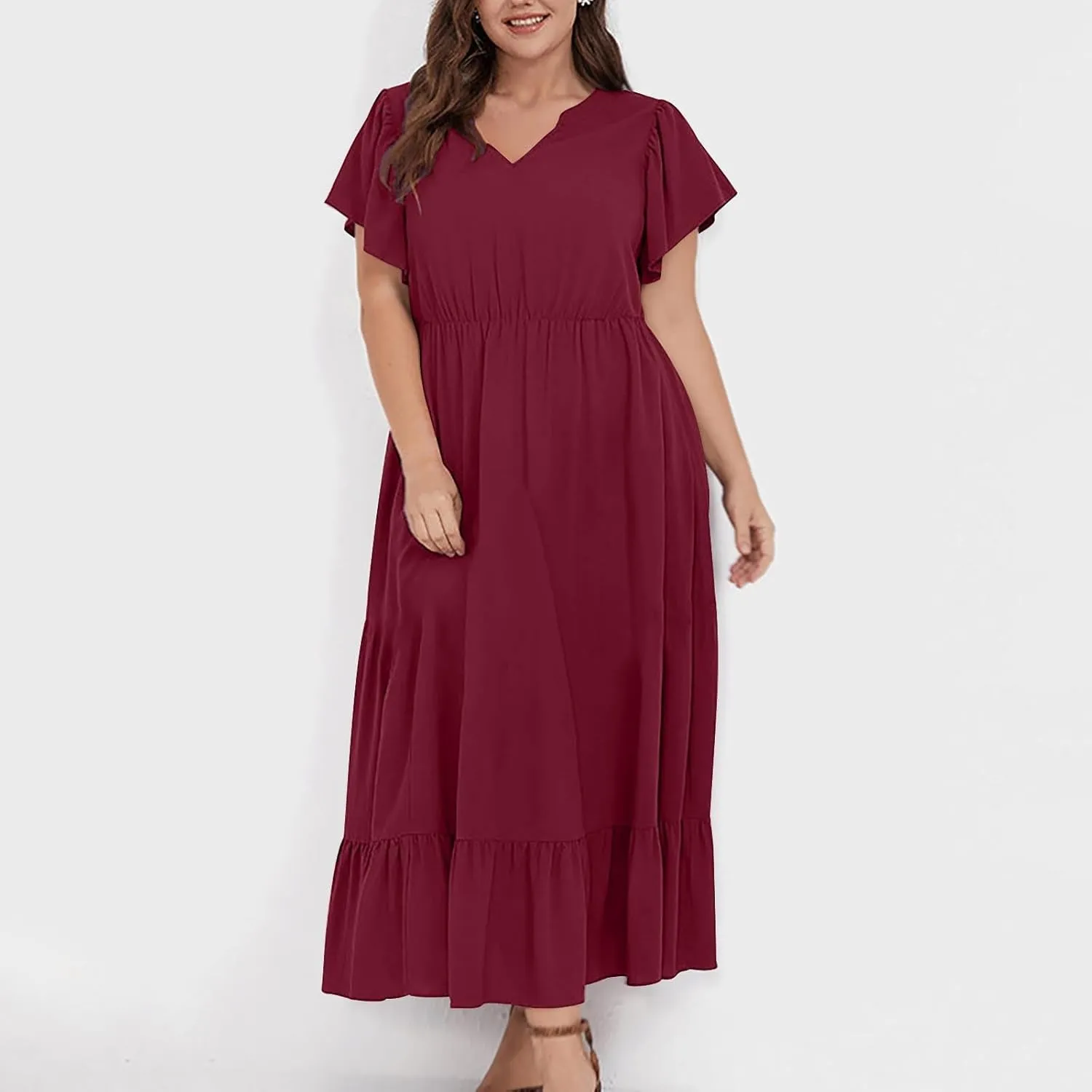 Plus Size Ruffle Dresses for Curvy Women Summer Beach Vacation Casual Short Sleeve V Neck Flowy Midi Dress with Pockets
