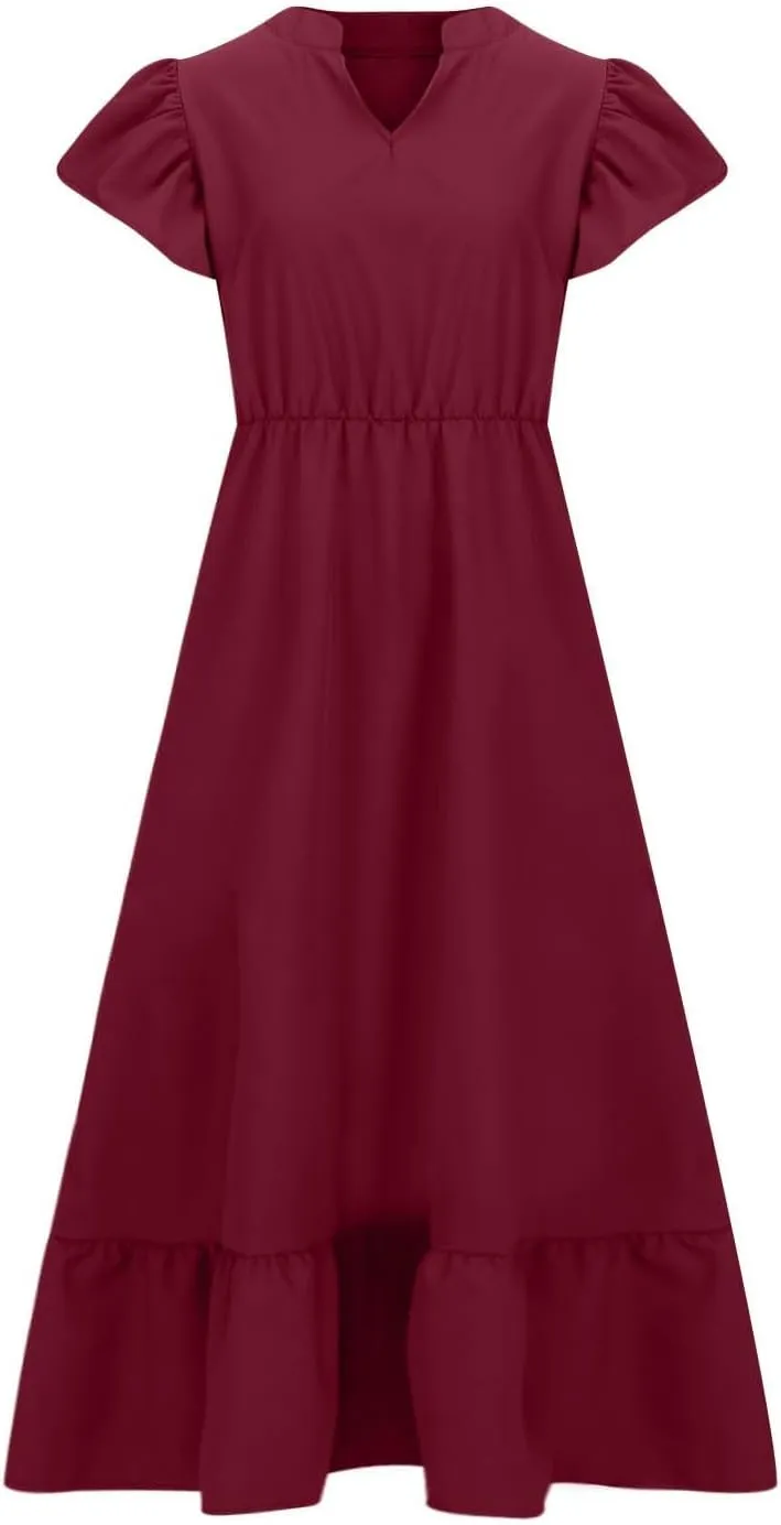Plus Size Ruffle Dresses for Curvy Women Summer Beach Vacation Casual Short Sleeve V Neck Flowy Midi Dress with Pockets