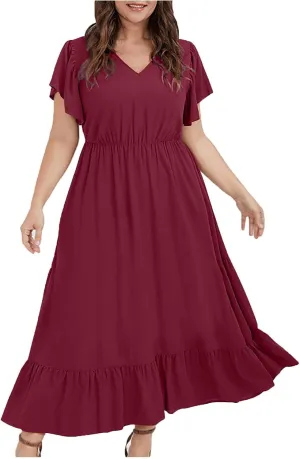 Plus Size Ruffle Dresses for Curvy Women Summer Beach Vacation Casual Short Sleeve V Neck Flowy Midi Dress with Pockets