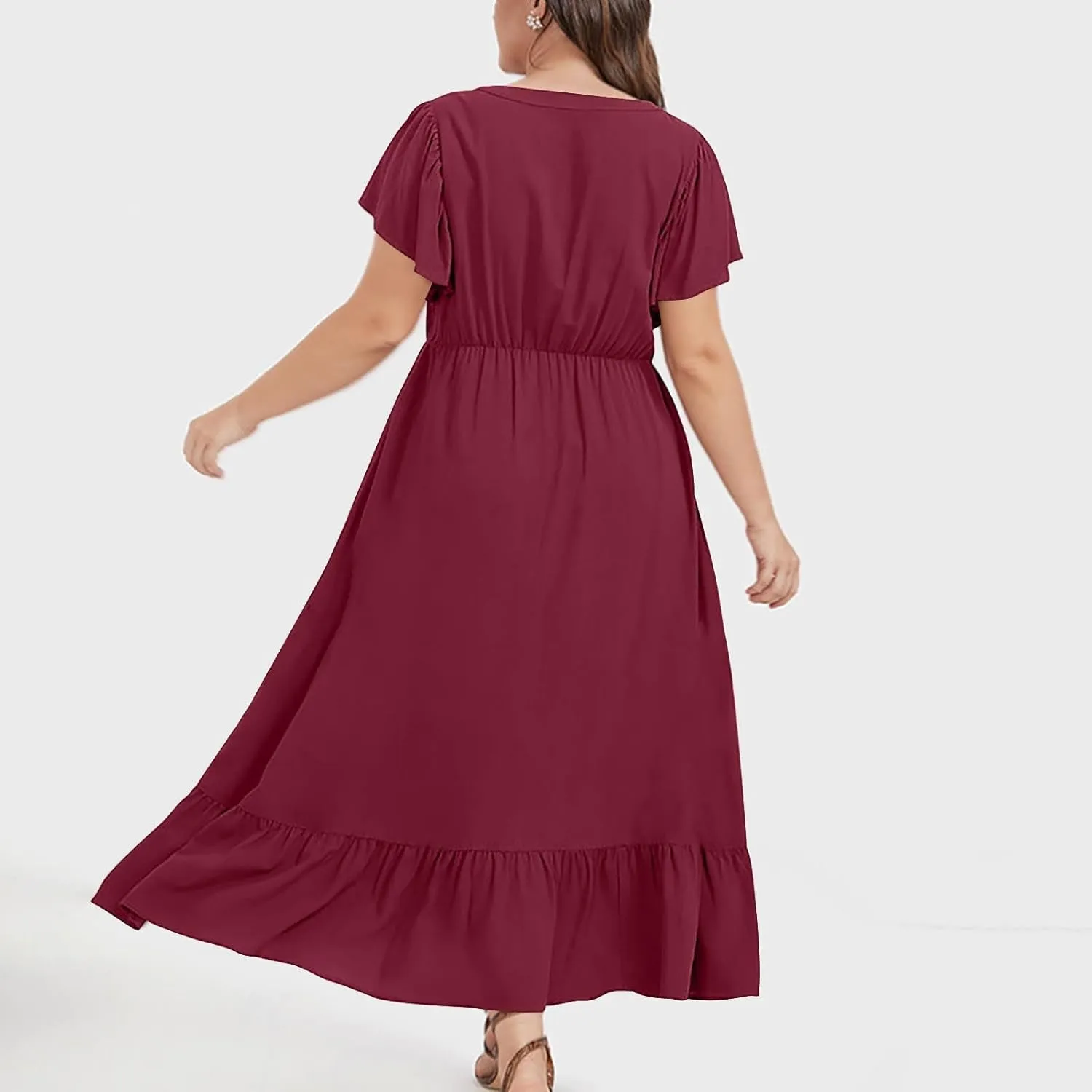Plus Size Ruffle Dresses for Curvy Women Summer Beach Vacation Casual Short Sleeve V Neck Flowy Midi Dress with Pockets