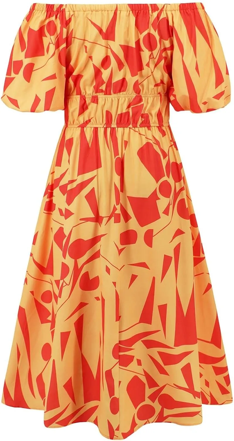 Plus Size Summer Dresses for Women Vacation Off Shoulder Puff Sleeve Tiered Flowy Boho Dress Floral Smocked Sundress