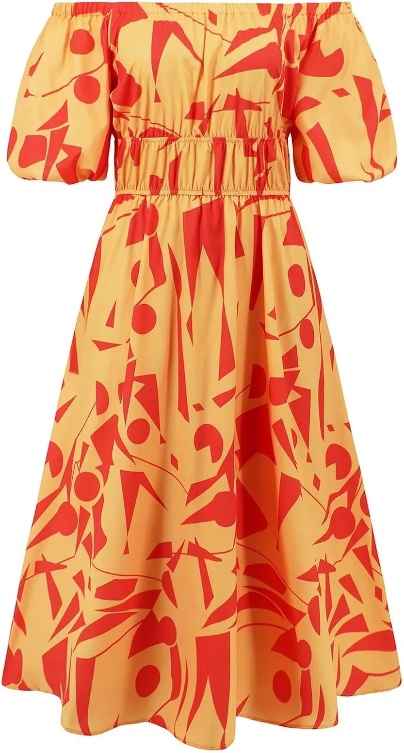 Plus Size Summer Dresses for Women Vacation Off Shoulder Puff Sleeve Tiered Flowy Boho Dress Floral Smocked Sundress