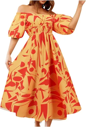 Plus Size Summer Dresses for Women Vacation Off Shoulder Puff Sleeve Tiered Flowy Boho Dress Floral Smocked Sundress