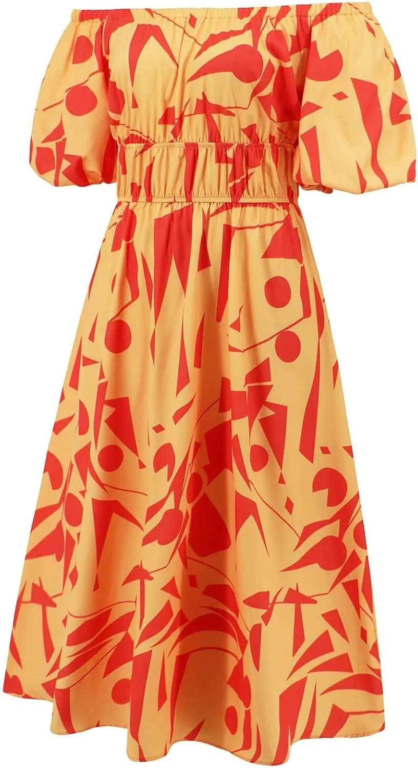 Plus Size Summer Dresses for Women Vacation Off Shoulder Puff Sleeve Tiered Flowy Boho Dress Floral Smocked Sundress