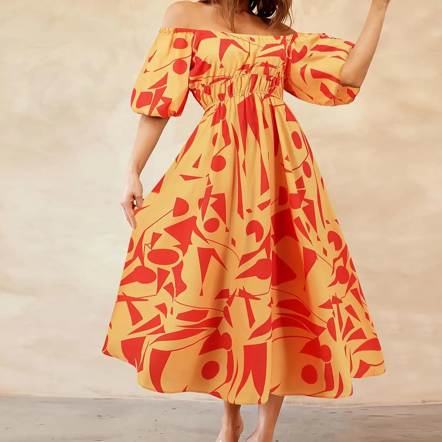 Plus Size Summer Dresses for Women Vacation Off Shoulder Puff Sleeve Tiered Flowy Boho Dress Floral Smocked Sundress