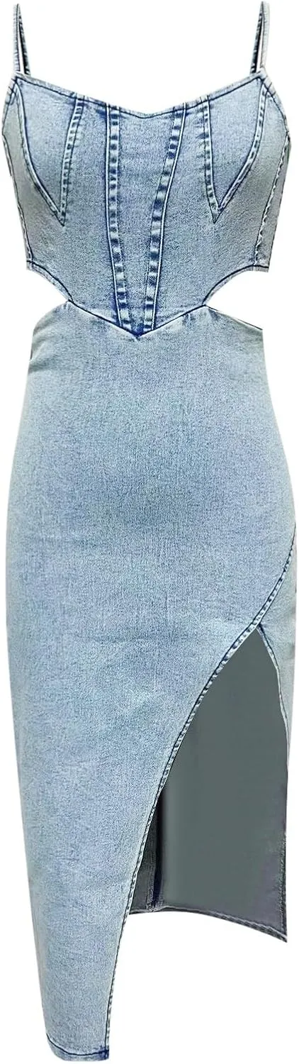 PTOLOCIF Denim Dress for Women Sexy Spaghetti Strap Midi Dresses Cut Out Sleeveless Side Slit Bodycon Jean Cocktail Dresses