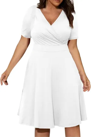 PTOLOCIF Plus Size Dresses for Curvy Women 2024 Summer Short Sleeve Wrap V Neck Midi Dress High Waisted Causal Swing Dress