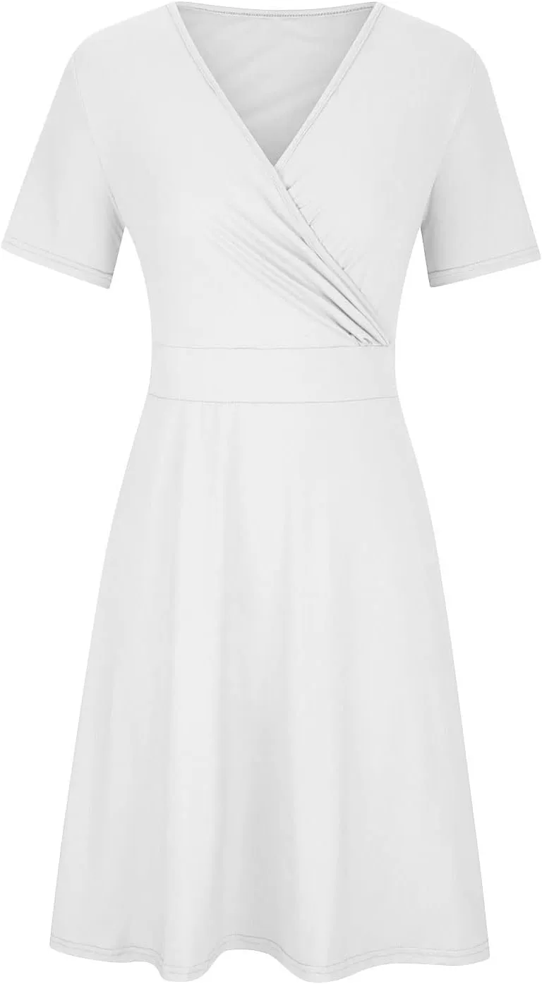 PTOLOCIF Plus Size Dresses for Curvy Women 2024 Summer Short Sleeve Wrap V Neck Midi Dress High Waisted Causal Swing Dress
