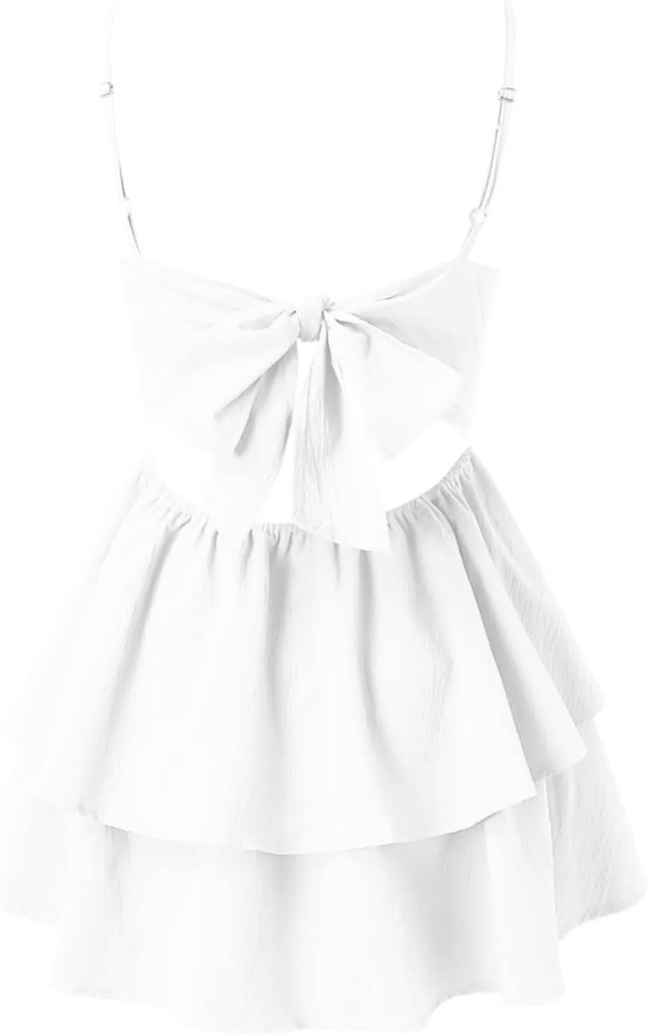 PTOLOCIF Women's Spaghetti Strap Dresses Square Neck Bow Backless Sleeveless Elastic Waist Ruffle Hem A-Line Mini Dress