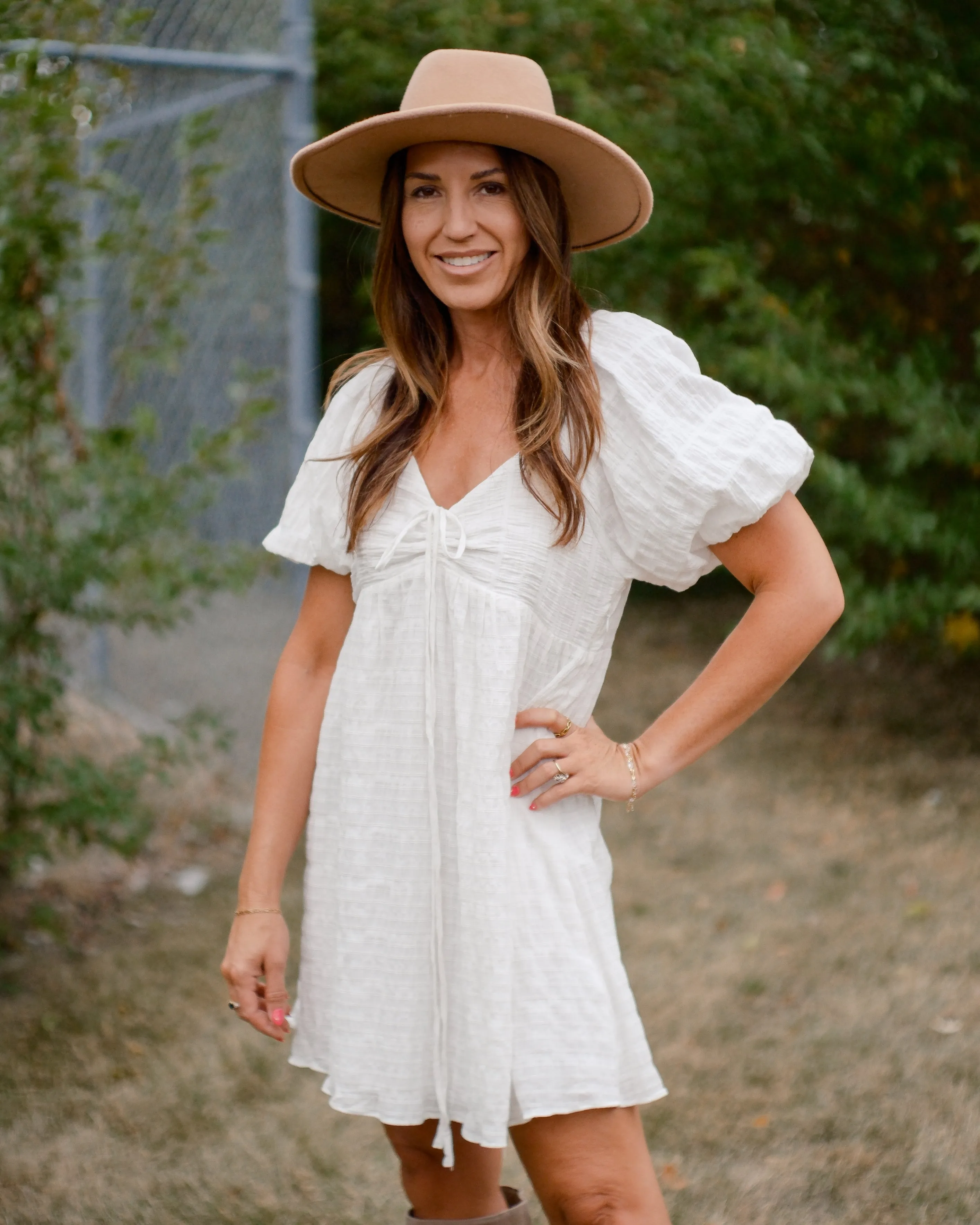 PURE SWEETNESS TEXTURED PUFF SLEEVE TIE  MINI DRESS - WHITE