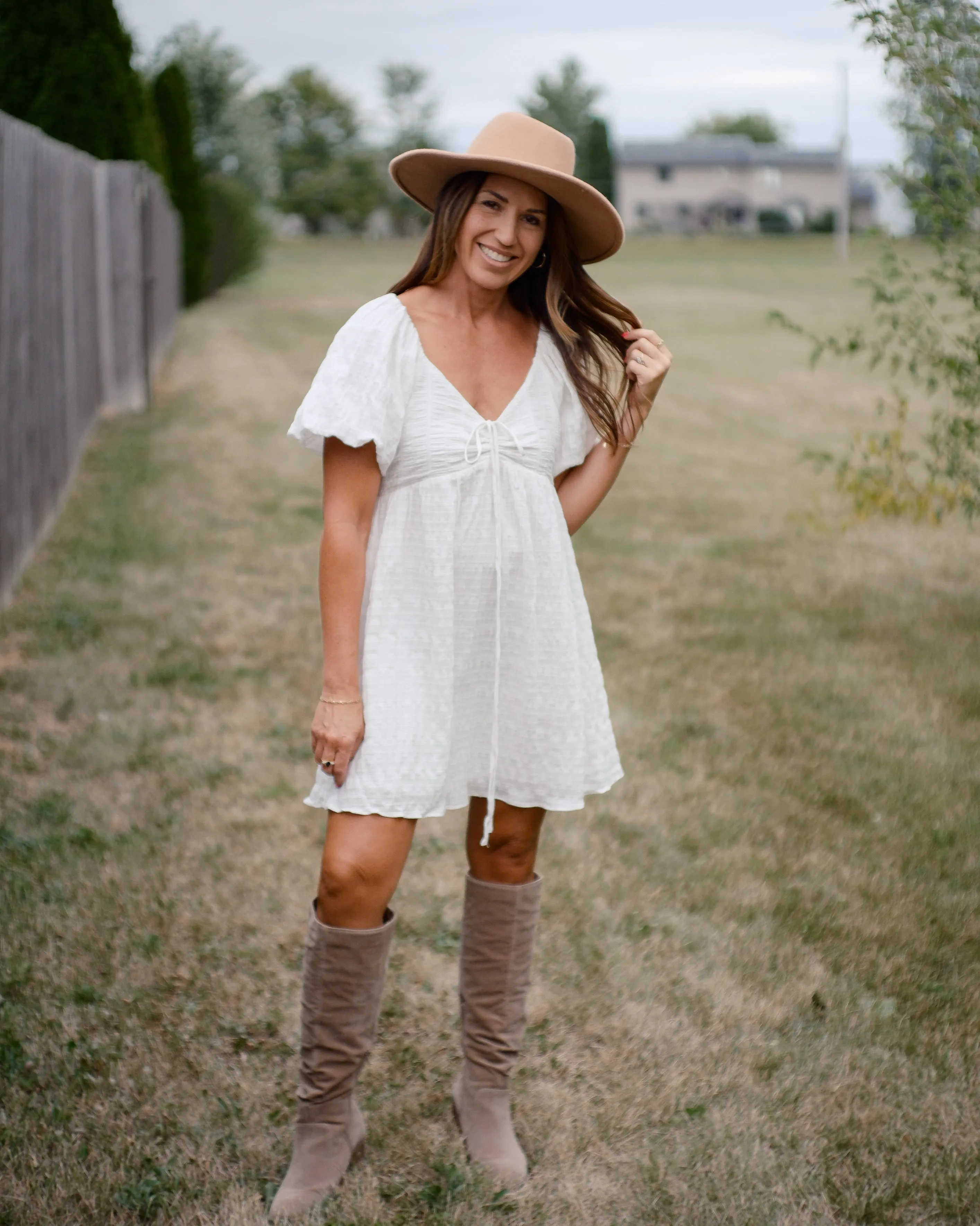 PURE SWEETNESS TEXTURED PUFF SLEEVE TIE  MINI DRESS - WHITE