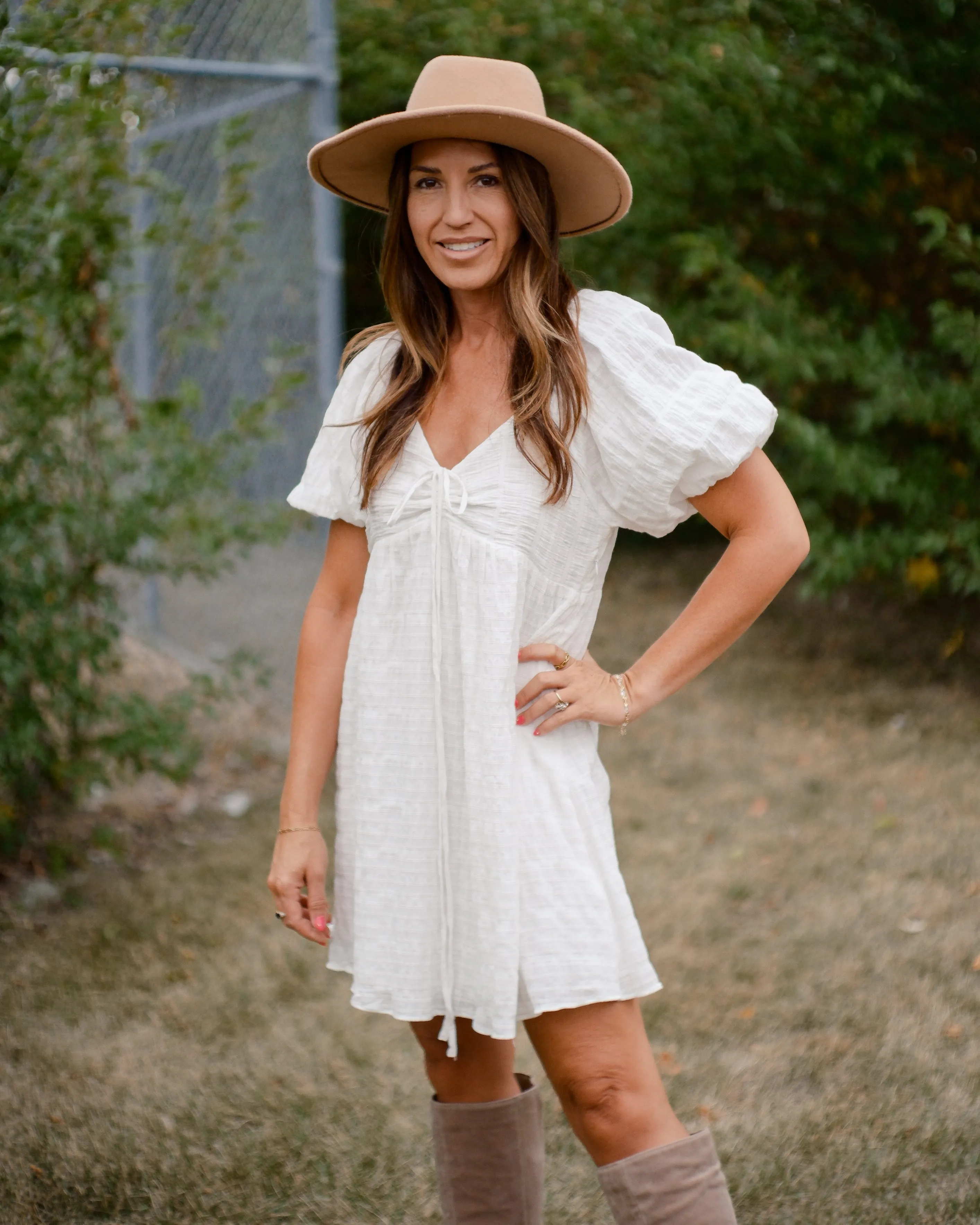 PURE SWEETNESS TEXTURED PUFF SLEEVE TIE  MINI DRESS - WHITE